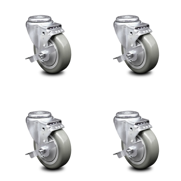 4 Inch Gray Polyurethane Wheel Swivel Bolt Hole Caster Set with Brake SCC